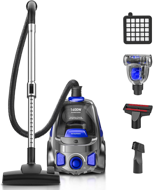 Regine Switzerland Canister Vacuum Cleaner - 40Kpa 1600W Cyclone Power, Lightweight & Bagless for Home | 3.7QT Dust Cup, Blue