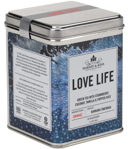 Harney & Sons Love Life Tea Tin - Green Tea with Strawberry, Coconut, Vanilla and Puffed Rice - Supporting GMHC - 1.44 Grams, 20 Sachets