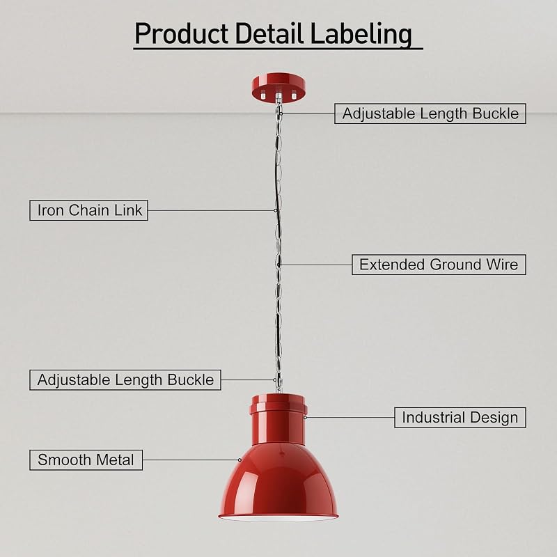 Red Pendant Light for Kitchen Island - 10.6" Wide, 71" Adjustable Height with Metal Shade