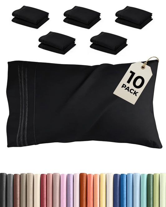 Queen Pillow Cases Set of 10 - Ultra Soft Hotel Quality Pillowcase Covers - Comfy & Wrinkle Free - Shrink, Stain and Fade Resistant - Easy-Care, Machine Washable Pillow Protectors - 10 Pcs Set - Black