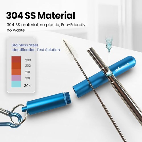 Ecoangel Reusable Collapsible Stainless Steel Drinking Straws - 4-Pack with Aluminum Case & Cleaning Brush | Silver, Blue, Red, Green