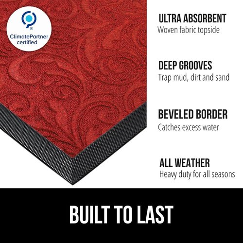 GORILLA GRIP Waterproof All-Season WeatherMAX Doormat - 35x23 Natural Rubber, Stain & Fade Resistant, Easy Clean, Red Vintage Wine