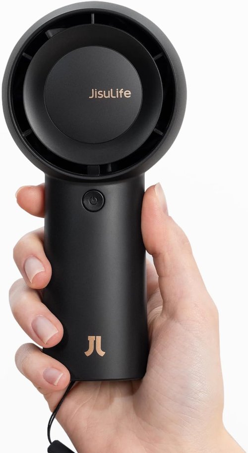 JISULIFE Portable Handheld Turbo Fan - 6000mAh USB Rechargeable with 18H Cooling Time | 5 Speed Compact Black Fan for Travel & Outdoor Use