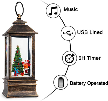 Skiennix 10'' Musical Snow Globe Lantern - Lighted Water Decoration with Swirling Glitter | Battery or USB Powered for Christmas Home Decor
