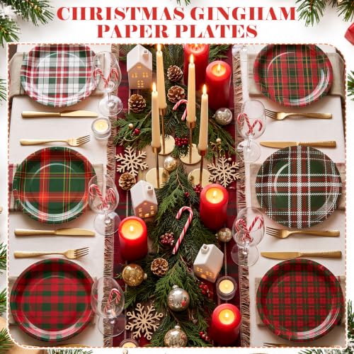 Christmas Plaid Paper Plates 7 Inch - 48 Pack Red Green White Festive Design