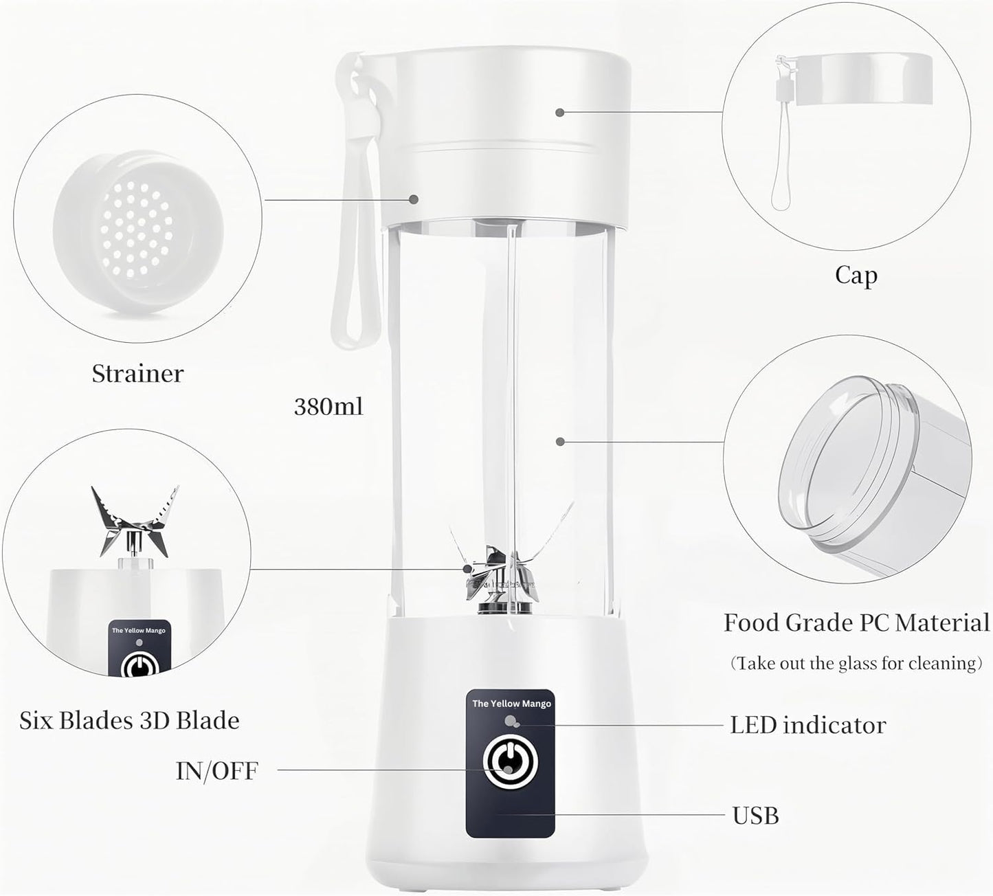 Portable Blender,Mini 6-blade Mixer for Smoothie,Milkshake, Juice, Mobile Hand juicer With USB Rechargeable For Travel, office, picnic, fitness (White)