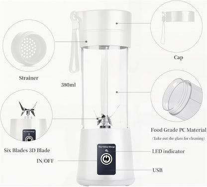 Portable Blender,Mini 6-blade Mixer for Smoothie,Milkshake, Juice, Mobile Hand juicer With USB Rechargeable For Travel, office, picnic, fitness (White)