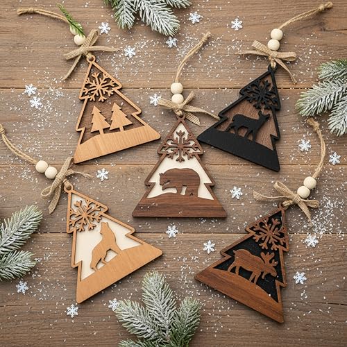 Rustic Christmas Wood Animal Ornaments Set - Reindeer, Bear, Wolf, Moose, Evergreen Tree
