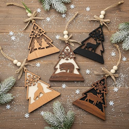 Rustic Christmas Wood Animal Ornaments Set - Reindeer, Bear, Wolf, Moose, Evergreen Tree