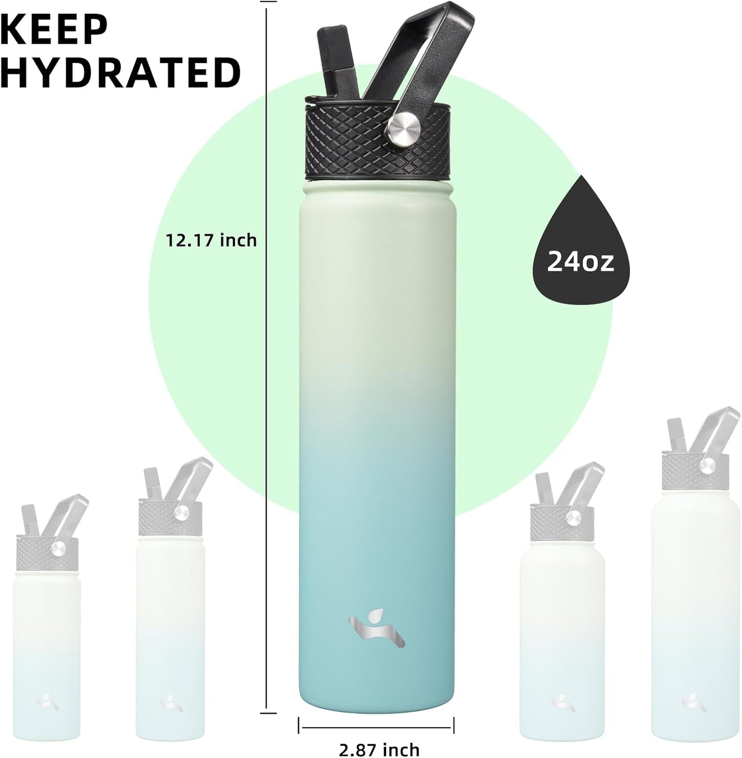 Skiennix Insulated Water Bottle - 24oz Stainless Steel Sport Bottle with 3 Lids | Mint Color