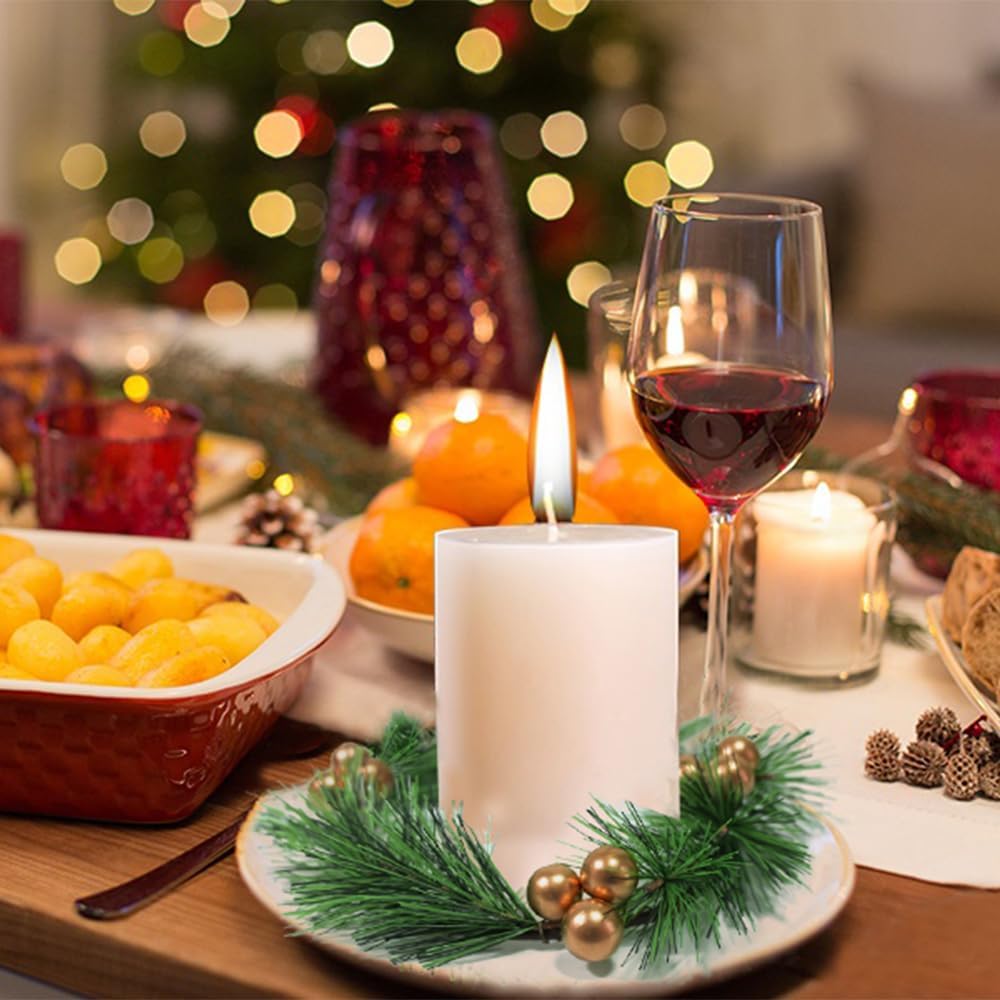 Skiennix Christmas Candle Rings - Artificial Golden Berries & Pine Needles | 4-Piece Wreath Set for Festive Table Decor