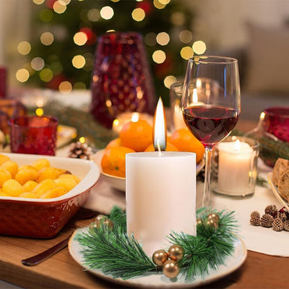 Skiennix Christmas Candle Rings - Artificial Golden Berries & Pine Needles | 4-Piece Wreath Set for Festive Table Decor