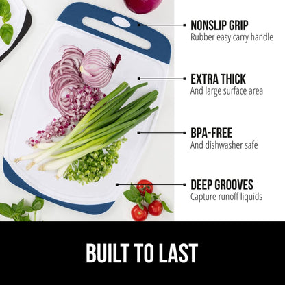 The Original Gorilla Grip Oversized 100% BPA Free Reversible Durable Kitchen Cutting Board Set of 3, Juice Grooves, Dishwasher Safe, Easy Grip Handle Border, Food Chopping Boards, Cooking, Blue