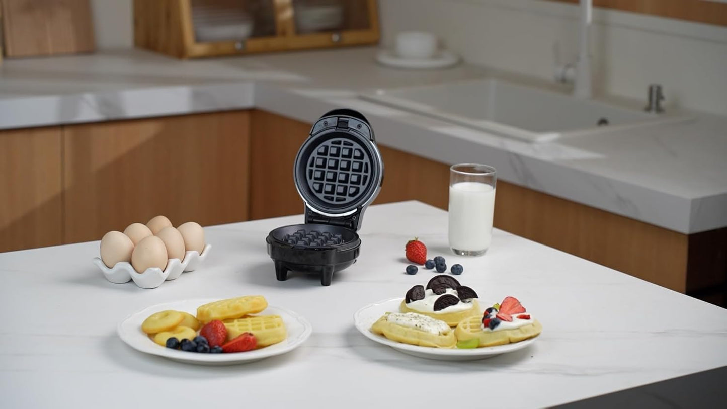 Skiennix Mini Waffle Maker - 3-in-1 Non-Stick Waffle Iron with 6 Removable Plates | Black, 4.5" Size