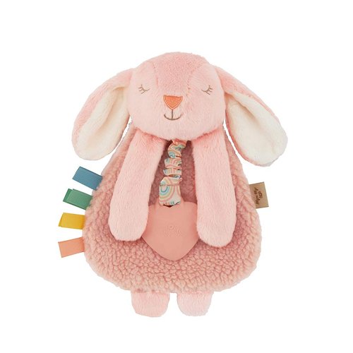 Itzy Ritzy - Itzy Lovey Including Teether - Baby Lovey with Teether, Textured Ribbons & Dangle Arms - Features Crinkle Sound, Sherpa Fabric and Minky Plush (Pink Bunny)