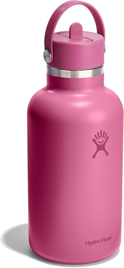 Hydro Flask Water Bottle - Insulated Stainless Steel with Wide Mouth Flex Straw Lid | 64 Oz Reef Pink, Leakproof & Refillable
