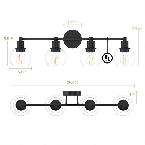 Espird 4 Lights Bathroom Vanity Light Fixtures Black, Bathroom Lights Over Mirror, Industrial and Farmhouse 4 Lights Wall Sconce, Matte Black Globe Vanity Lighting Fixtures