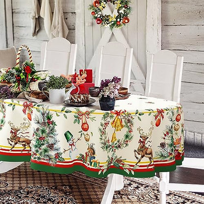 Oval Christmas Tablecloth 60 x 84in with Elk & Tree Holiday Decor - Waterproof Polyester