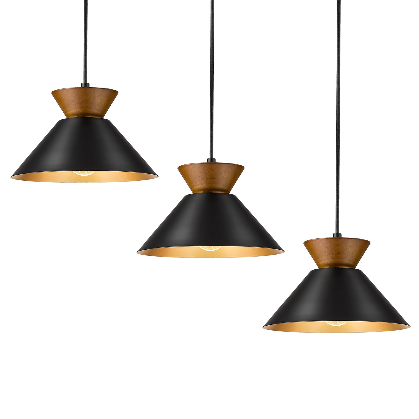 ELYONA 3 Pack Modern Pendant Lights Kitchen Island, Solid Wood Hanging Lamp with Matte Black Metal Shade & Gold Inner Finish, Farmhouse Pendant Light Fixtures for Dining Room, Bedroom, Living Room