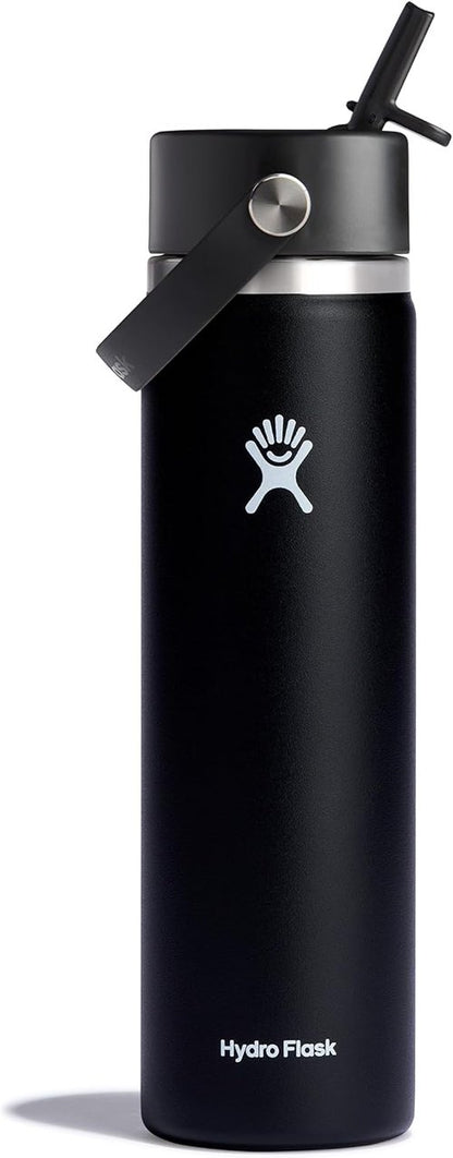 Hydro Flask Water Bottle - Insulated Stainless Steel with Wide Straw Lid - 24 Oz Black, Leakproof