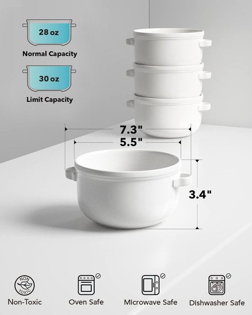 LE TAUCI Soup Bowls - 28 oz Ceramic Crocks With Handles | Oven & Microwave Safe, Set of 4, White