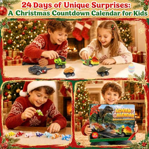 Christmas Dinosaur Advent Calendar with Pull-Back Dino Cars for Kids, 24 Surprises