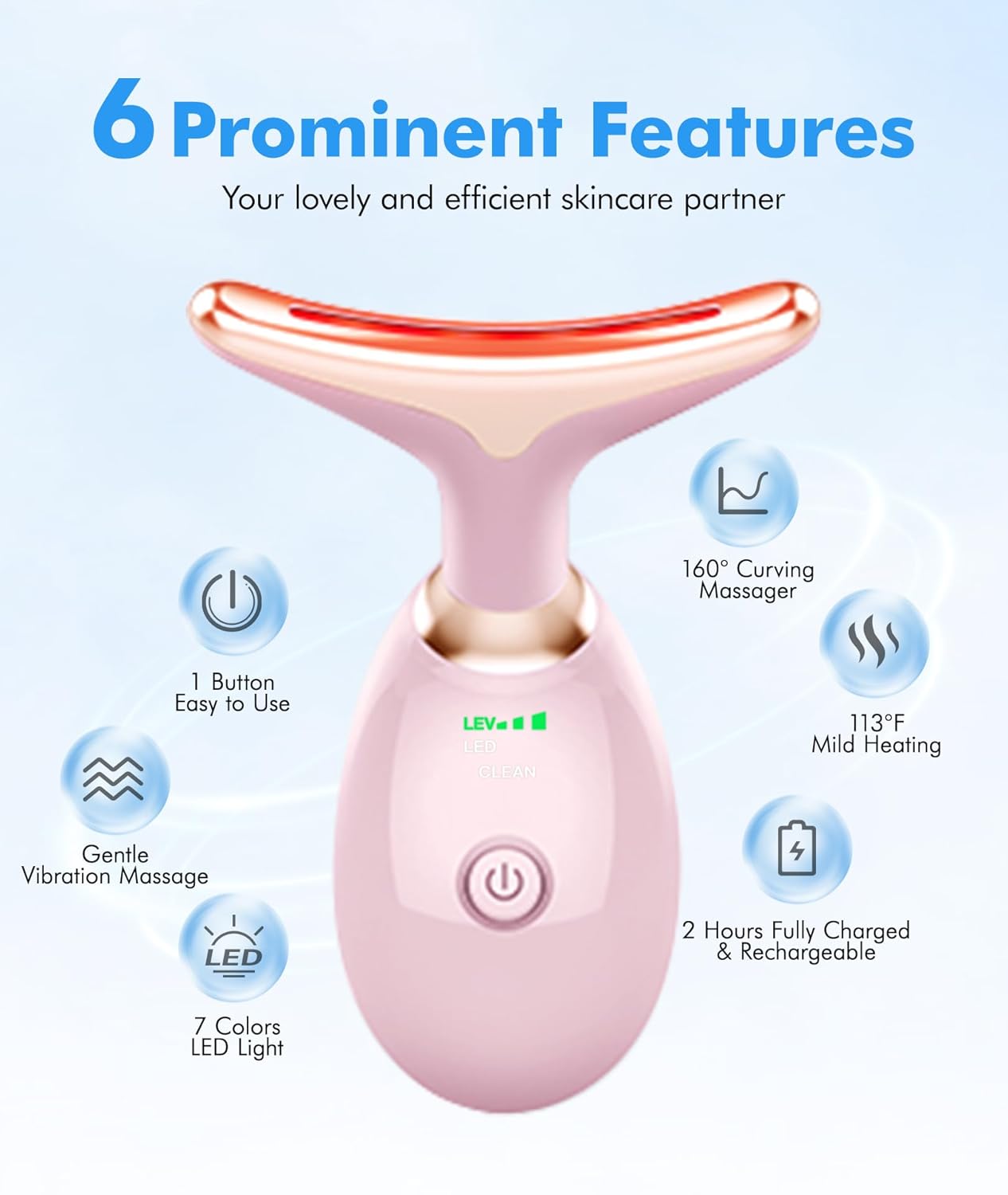 Skiennix Red Light Therapy Face Massager - 7 Color Tool for Wrinkles & Double Chin | Glossy Pink