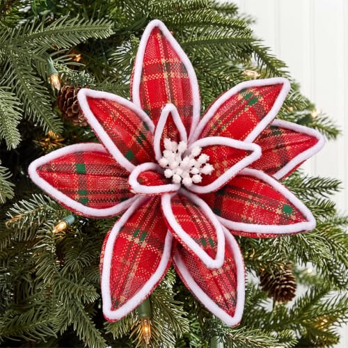 Red Plaid 12 Pcs 12'' Christmas Poinsettia Artificial Flowers - Flocked