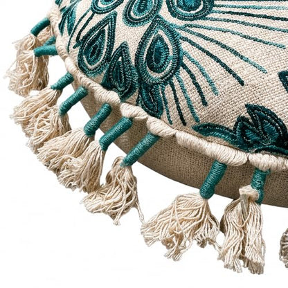 Boho Embroidered Floor Cushion with Tassels 20x20 Inch Meditation Seat
