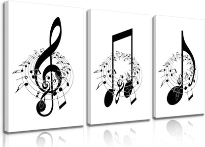 Skiennix Framed Music Notes Wall Art - Stylish Black & White Canvas Prints for Music Rooms | 12x16 in (Set of 3)