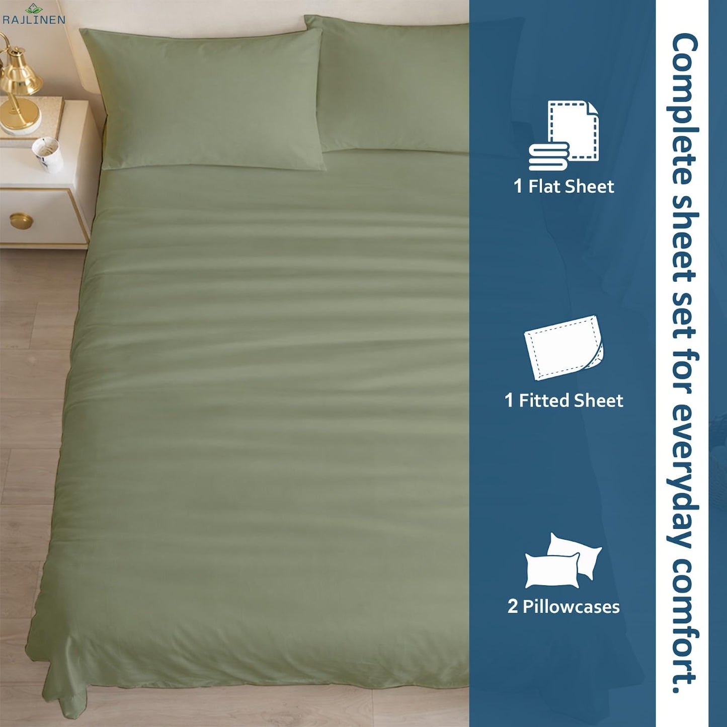 Rajlinen 100% Cotton Queen Sheets Set, Cooling & Breathable Bed Sheets, 16 Inch Deep Pocket Fitted Sheet with All-Around Elastic, Soft & Durable Bedding Set, Sage Solid