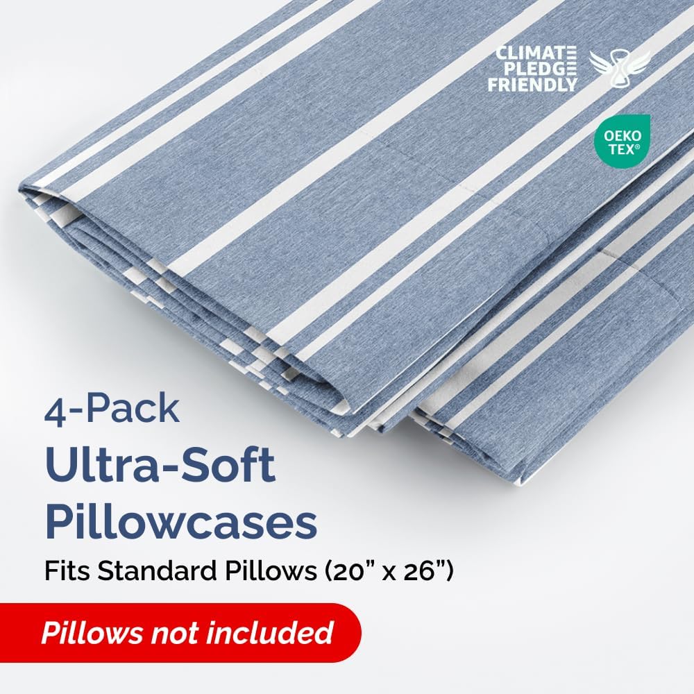 Standard Pillow Cases Set of 4 | Soft Hotel Quality Covers - Comfy & Cozy Blue Stripes - Machine Washable