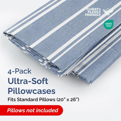 Standard Pillow Cases Set of 4 | Soft Hotel Quality Covers - Comfy & Cozy Blue Stripes - Machine Washable