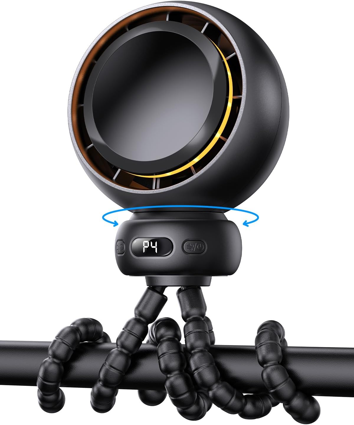 Mini Portable Stroller Fan - USB-C Rechargeable, 60° Auto Oscillation, 4 Speeds, Night Light & Flexible Tripod (Black)