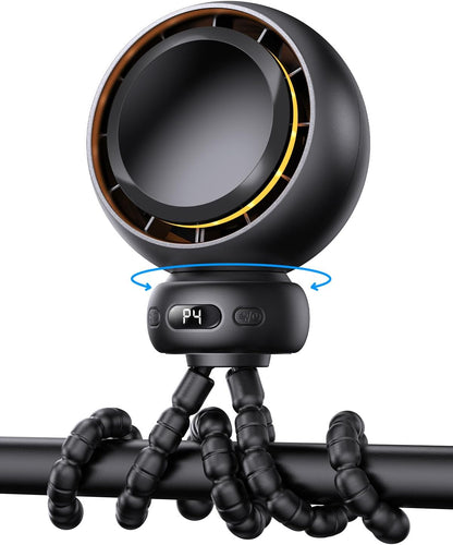 Mini Portable Stroller Fan - USB-C Rechargeable, 60° Auto Oscillation, 4 Speeds, Night Light & Flexible Tripod (Black)