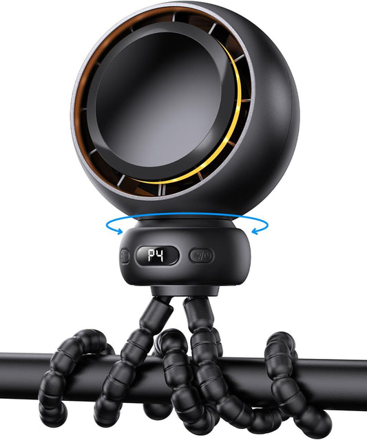 Mini Portable Stroller Fan - USB-C Rechargeable, 60° Auto Oscillation, 4 Speeds, Night Light & Flexible Tripod (Black)