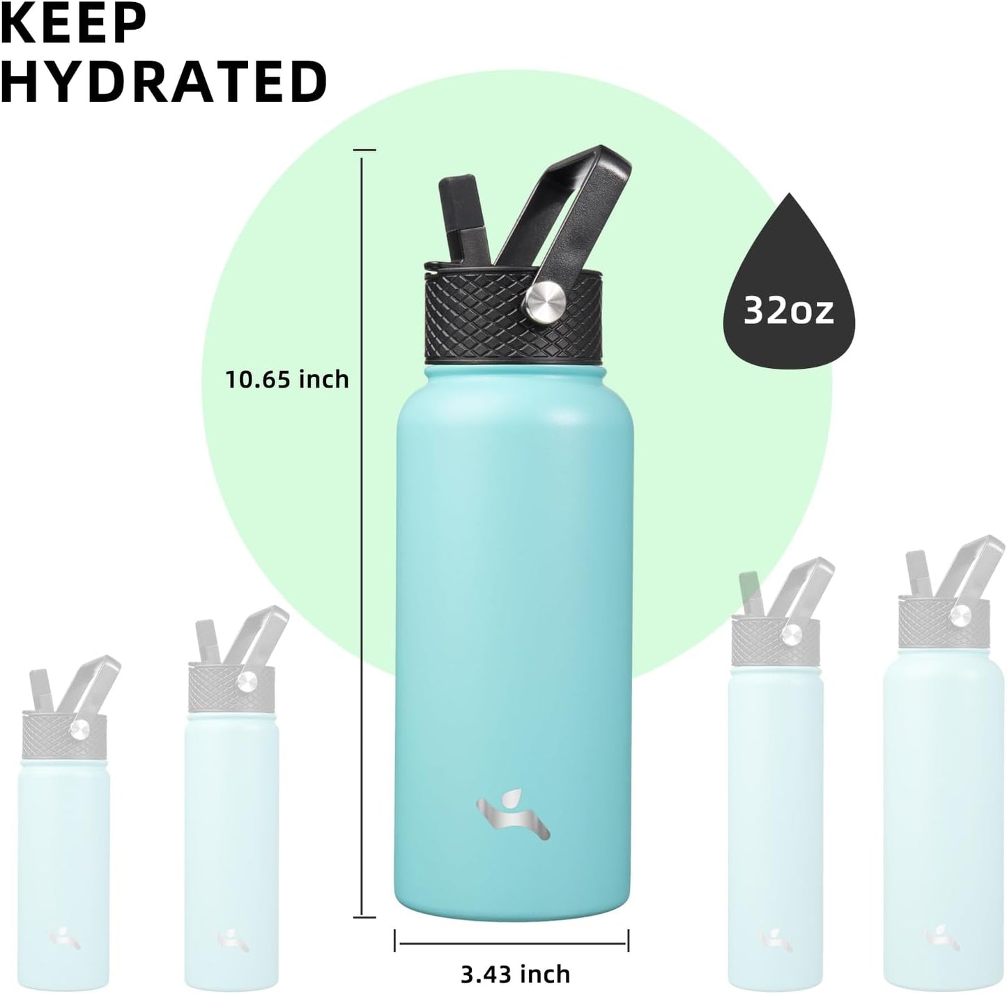 Skiennix 32 Oz Insulated Stainless Steel Water Bottle - Durable Sport Bottle with 3 Lids | Turquoise