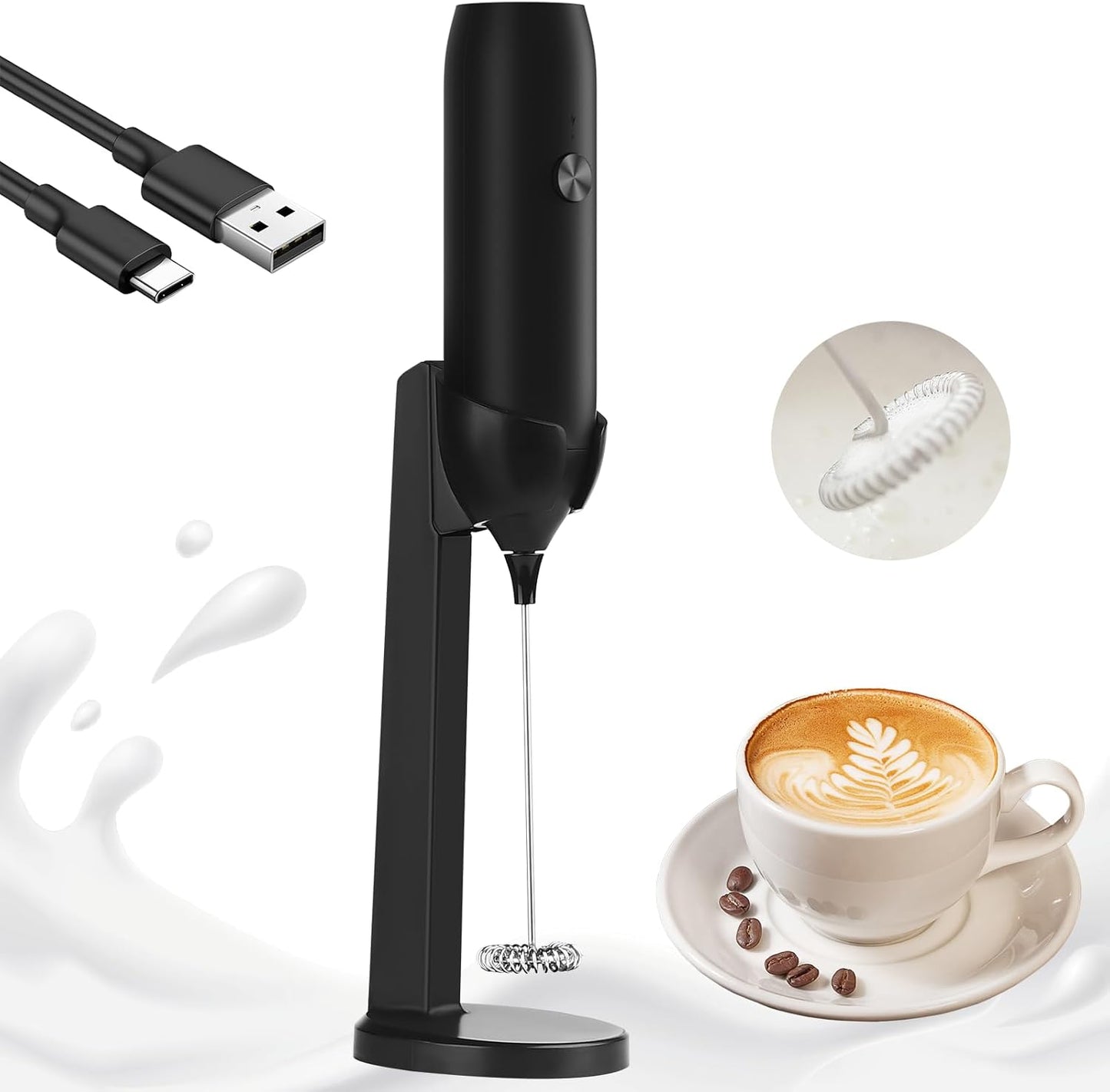 Skiennix Rechargeable Milk Frother - Powerful Handheld USB Type-C Foam Maker | Mini Mixer for Coffee & Lattes