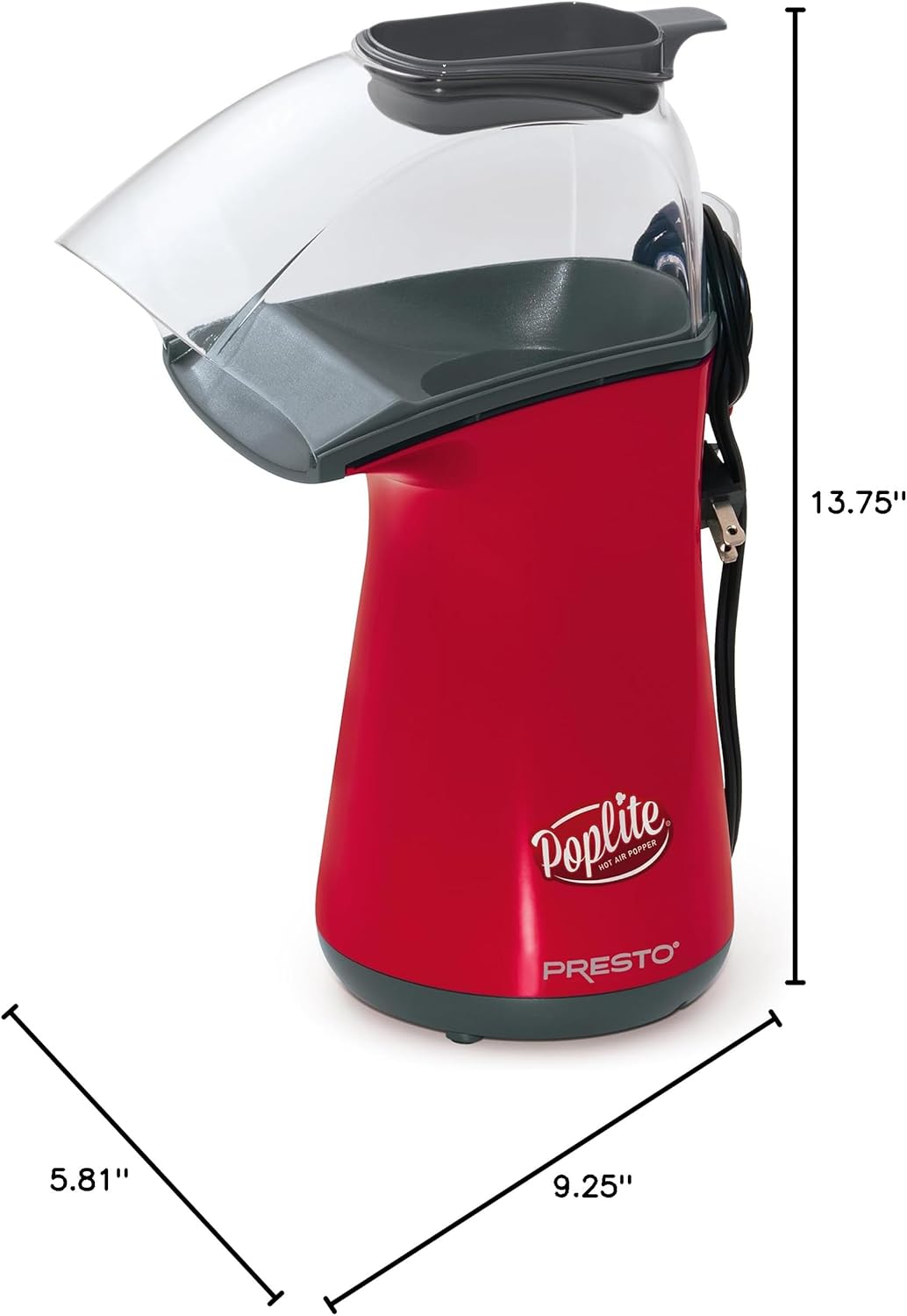 Presto 04863 Poplite Hot Air Popcorn Popper - Easy Clean, Built-In Measuring Cup, 18 Cups, Red