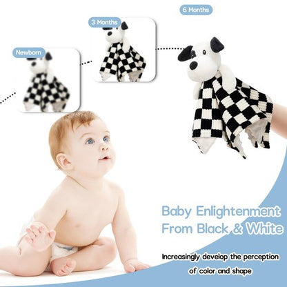 BEILIMU Baby Security Blanket for Boys Girls, High Contrast Super Soft 3D Checkerboard Gingham with Minky Dot Fabric Backing Snuggle Stuffed Animal Blankie Puppy Lovely Black 14 Inch
