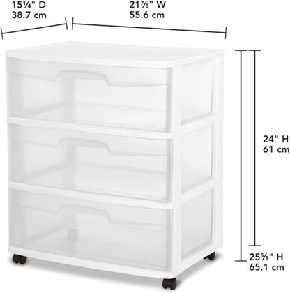 Sterilite Wide 3 Drawer Storage Cart - Rolling Plastic Organizer with Wheels | White & Clear Drawers