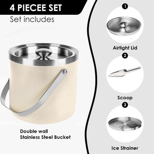 3L Beige-White Double Wall Insulated Stainless Steel Ice Bucket with Scoop for Cocktail Bar,Metal Ice Bucket for Freezer with Lid for Parties.ice Container to Keep Ice Colder,bar cart Accessories