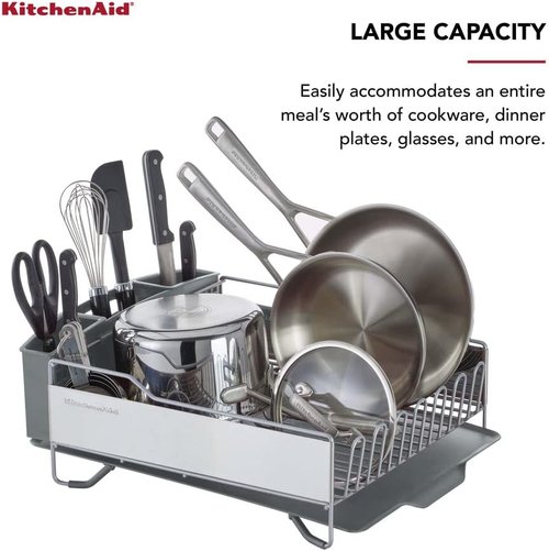 KitchenAid Large Capacity Dish Rack - Rust Resistant with Angled Drain Board & Removable Caddy | Light Grey