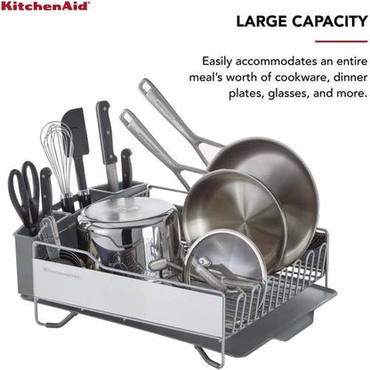 KitchenAid Large Capacity Dish Rack - Rust Resistant with Angled Drain Board & Removable Caddy | Light Grey