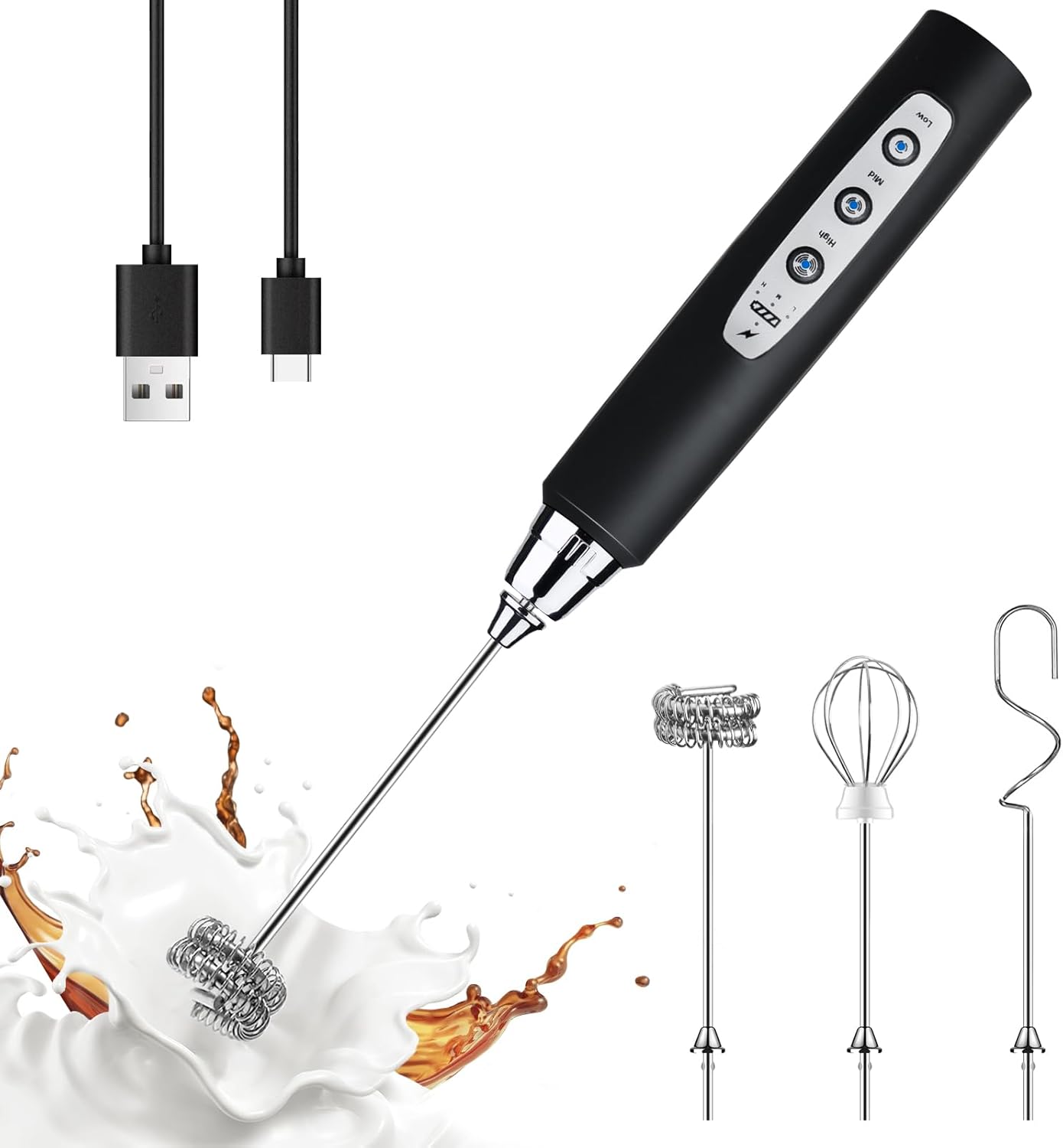 YUSWKO Handheld Milk Frother - Rechargeable Electric Whisk with 3 Heads & 3 Speeds for Lattes, Cappuccinos & More