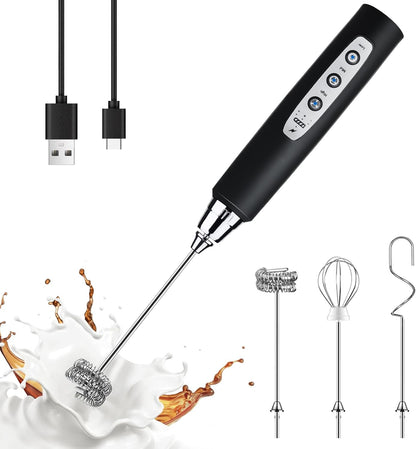 YUSWKO Handheld Milk Frother - Rechargeable Electric Whisk with 3 Heads & 3 Speeds for Lattes, Cappuccinos & More