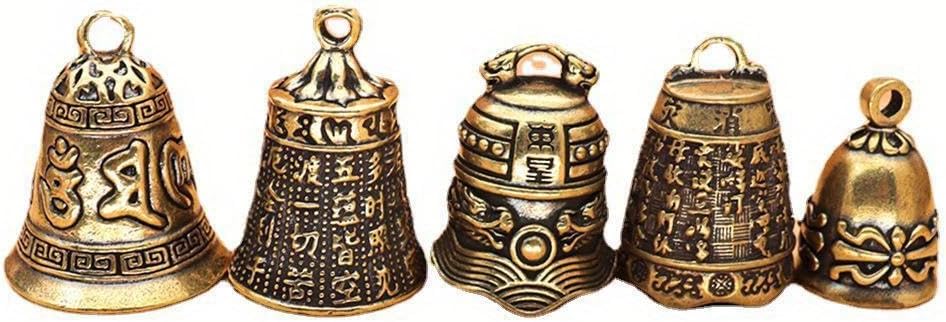 Skiennix Mini Antique Brass Copper Buddha Bells - 5-Piece Feng Shui Home Decor Set