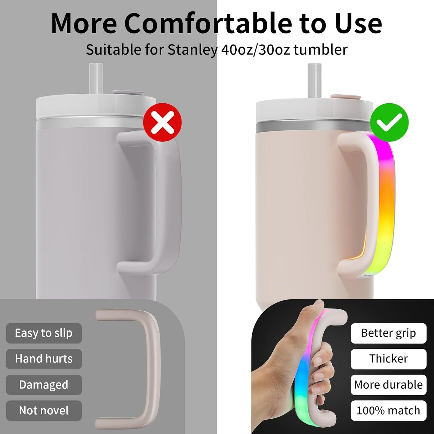 Stanley 40oz/30oz LED Light-Up Tumbler Handle - Comfortable & Stylish Rose Quartz Accessory