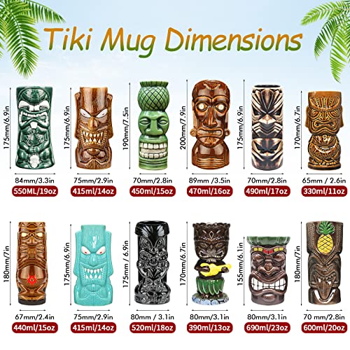 Set of 12 Ceramic Tiki Mugs for Cocktails Hawaiian Party Drinkware