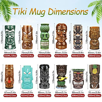 Set of 12 Ceramic Tiki Mugs for Cocktails Hawaiian Party Drinkware